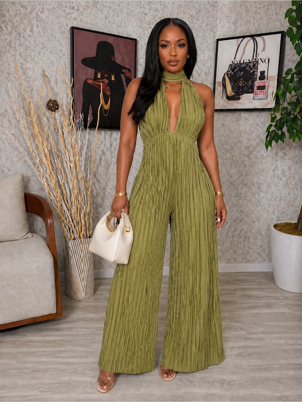 Olive Green Plisse Halter Wide-Leg Jumpsuit